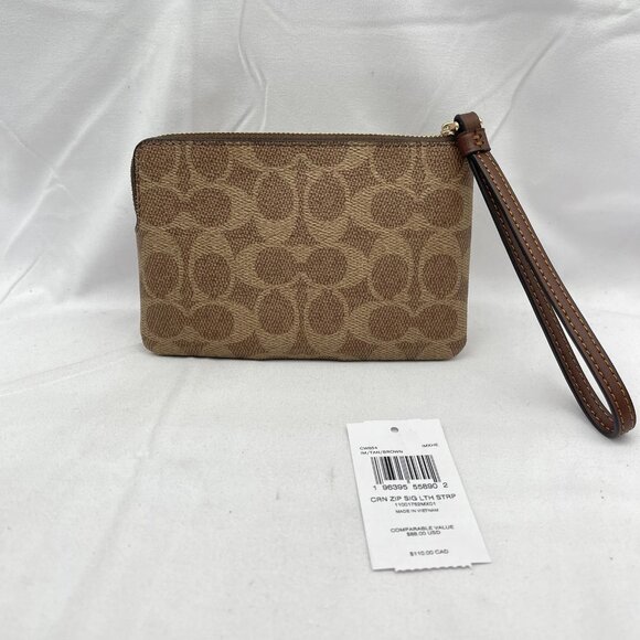 NEW COACH Women’s Corner Zip Wristlet in Signature Canvas with Stripe Tan/Brow - Picture 9 of 12